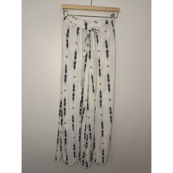 BB Dakota Jack Wide Leg Pant Ginseng White Arrow Wrap Tie Pull On Boho Size M - Picture 1 of 7